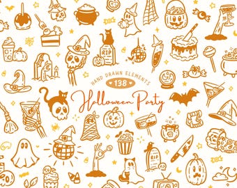 Hand Drawn Halloween Party Clipart, Spooky Season SVG Bundle, Cute Halloween Doodles, Witchy PNG