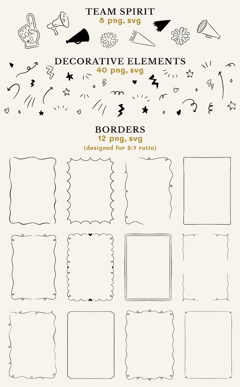 Other elements include team spirit elements (megaphone, pom pom, etc.), decorative elements (stars, hearts, etc.), and borders for 5x7 ratio.