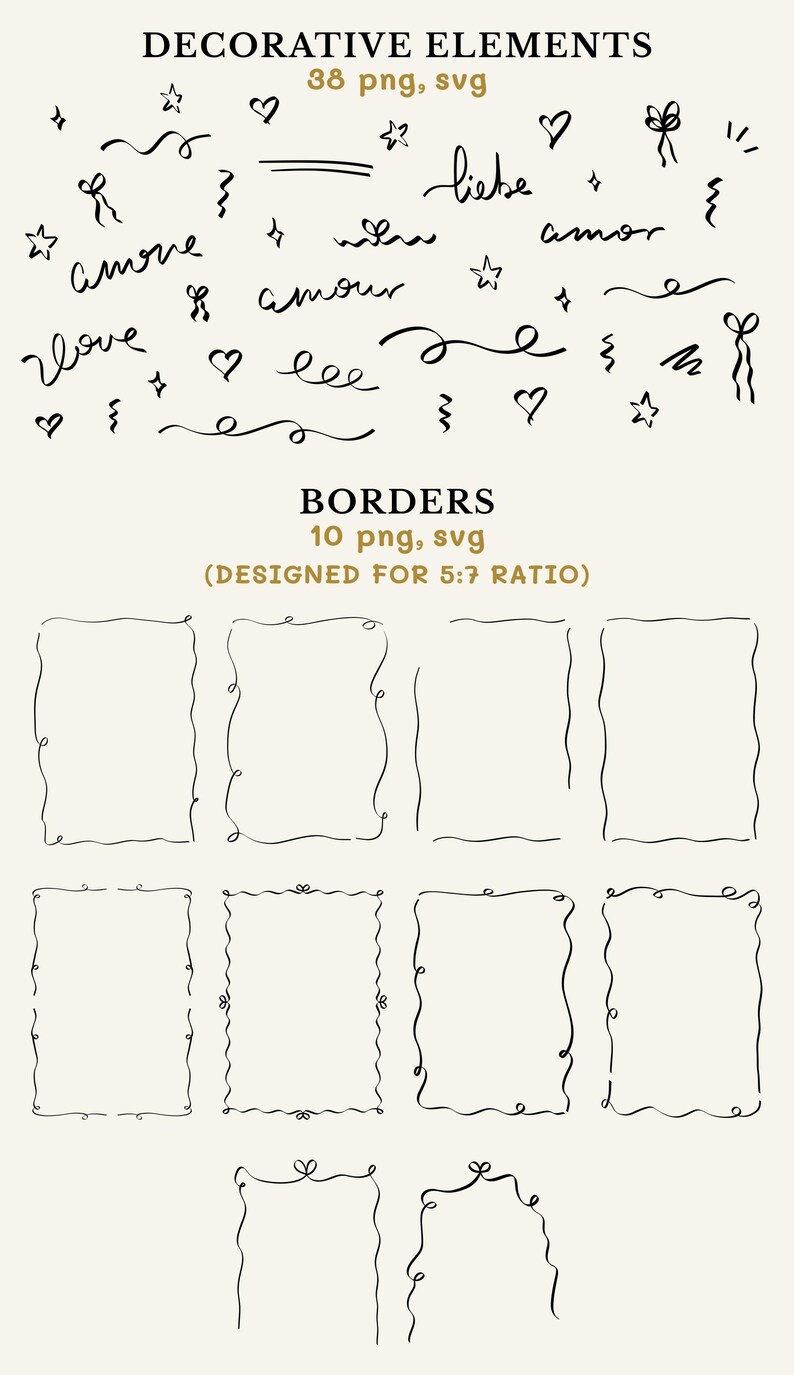 5x7 invitation frames and decorative clipart including hearts, stars, and wavy lines.