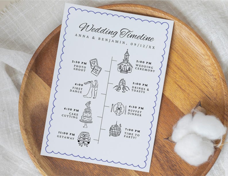 Hand drawn wedding icons used on a wedding timeline.
