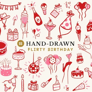 Handritad födelsedag SVG-bunt, röd och rosa födelsedagsfest Clipart, tårtillustrationer Ballong PNG Handritade klotter för födelsedagsinbjudan och kort