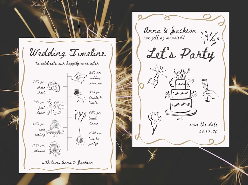The hand drawn clipart used on a wedding timeline and save the date.