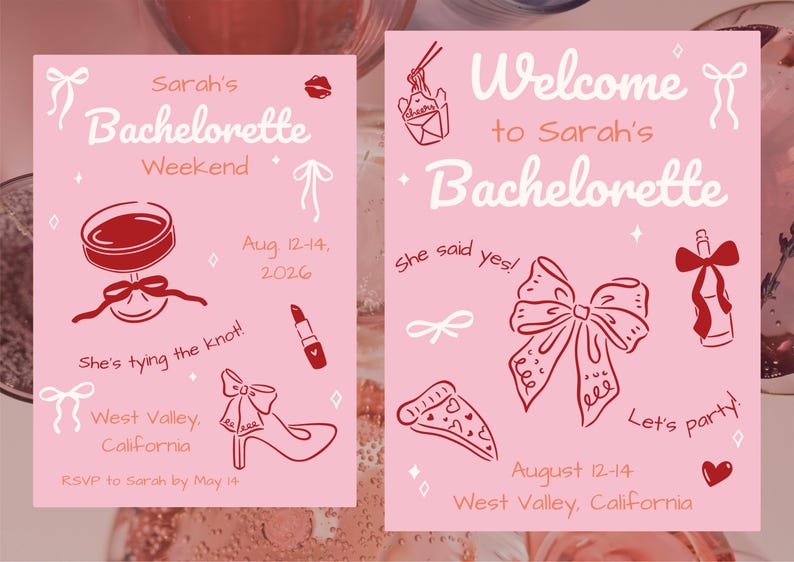 Bachelorette party invitation and welcome sign designed with the bachelorette clipart bundle.