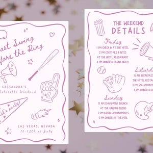 A bachelorette invitation and details card created with the whimsical baseball clipart.