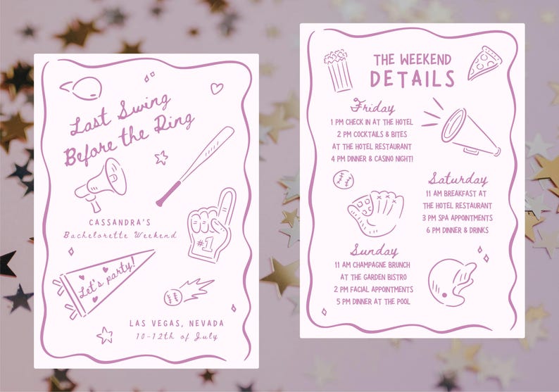 A bachelorette invitation and details card created with the whimsical baseball clipart.