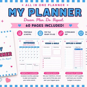 Puede incluir: Una agenda digital todo en uno titulada My Planner con el texto Dream. Plan. Do. Repeat. y 60 páginas incluidas. El conjunto presenta una portada de espiral, un calendario mensual, visión y metas, suministros y presupuesto, y un horario.