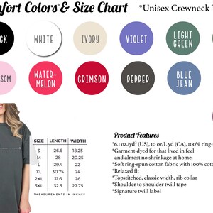 May include: Unisex crewneck t-shirt size chart with measurements in inches. The chart shows the length and width of the shirt in different sizes, from S to 3XL. The chart also includes a list of product features, such as the fabric type and fit.