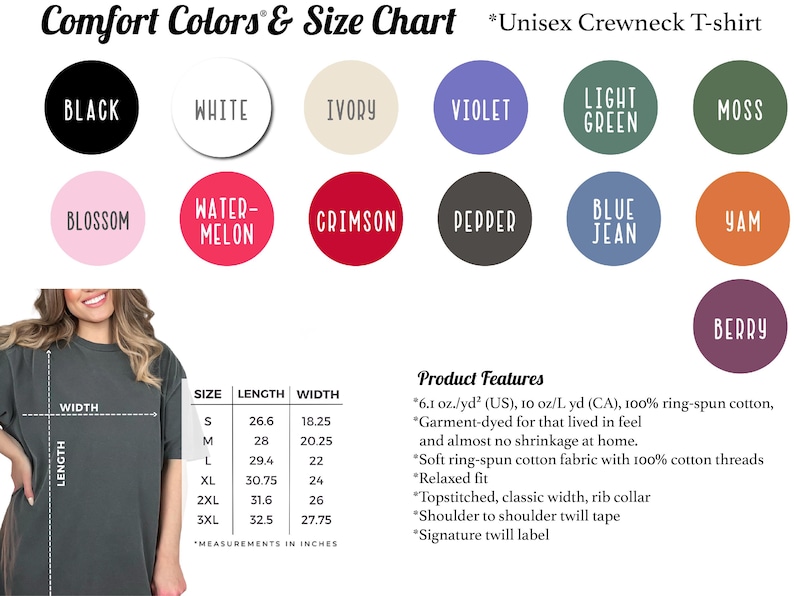 May include: Unisex crewneck t-shirt size chart with measurements in inches. The chart shows the length and width of the shirt in different sizes, from S to 3XL. The chart also includes a list of product features, such as the fabric type and fit.