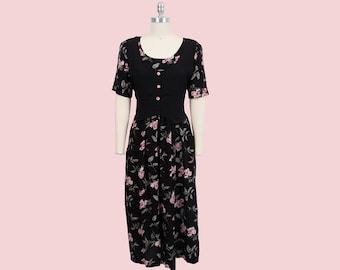 vintage 90s black floral rose print short sleeve sun dress size