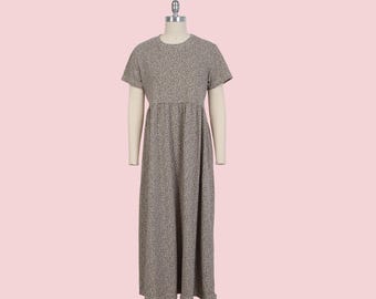 Vestido vintage anos 90 com estampa floral micro bege e manga curta estilo cottage core, tamanho médio