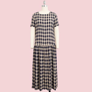 vintage 90s navy and beige drop waist plaid short sleeve sun dress size medium