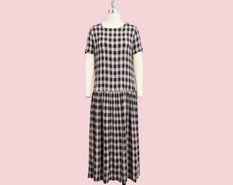 vintage 90s navy and beige drop waist plaid short sleeve sun dress size medium