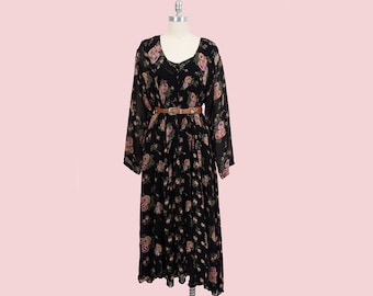 vintage 90s black floral rose print nostalgia indian rayon bohemian festival dress size medium