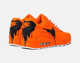 Custom Nike Air Max 90 Sneakers | Orange Black Drip | Hand-Painted Drip Design | Personalized Streetwear Shoes | Retro Gift