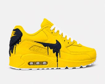 Custom Nike Air Max 90 Sneakers | Yellow Navy Hand-Painted Drip Design | Personalized Streetwear Shoes | Indiana