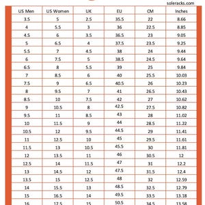 May include: A chart showing shoe size conversions for men and women. The chart includes US men's and women's sizes, UK sizes, EU sizes, centimeters, and inches.