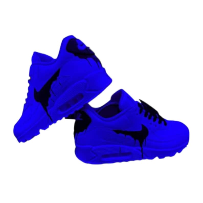 May include: Two blue athletic shoes with black accents. The shoes feature a black Nike swoosh and black paint drip design. The shoes are a modern style, suitable for casual wear or athletic activities.