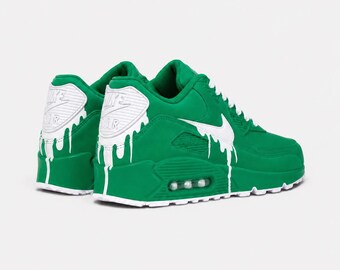 Custom Nike Air Max 90 Sneakers | Green White Drip Hand-Painted Design | Personalized Streetwear Shoes | Retro Gift