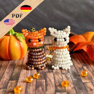 Halloween Cat DIY Bead Pattern, Ghost Cat and Pumpkin Cat Beaded Animals, PDF Instructions in German and English, PLUS Monster Basics