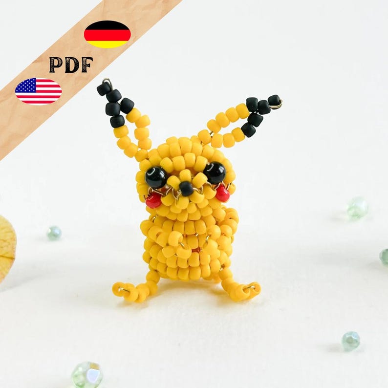 Beaded pattern lightning mouse, fantasy beaded animals, beaded mouse figure instructions in German and English, PLUS basics for beginners "Pika" image 1