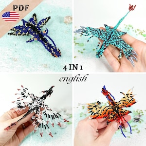 May include: Four beaded dragon figures in various colours: blue, turquoise, black and white, and orange. The figures are displayed against a light blue and white background. The text "4 IN 1 english" is also visible.
