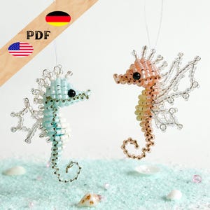 Seahorse PDF bead pattern, beaded animals instructions in German, beaded seahorse instructions in English, PLUS basics for beginners
