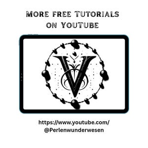 May include: A digital tablet displays a black and white design featuring a stylized letter "V" surrounded by a beaded circle. The text "MORE FREE TUTORIALS ON YOUTUBE" is above the tablet. Below is a URL for YouTube tutorials.