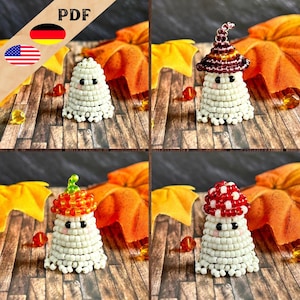 May include: Four beaded ghost ornaments with different Halloween-themed hats. The ghosts are white with black eyes and a small mouth. The hats are a witch's hat, a pumpkin, a mushroom, and a plain hat.