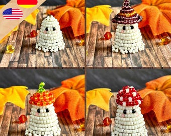 May include: Four beaded ghost figures crafted from white seed beads with black eyes and pink cheeks. One ghost is plain, one wears a dark purple witch hat, one wears an orange pumpkin cap, and one wears a red and white mushroom cap.