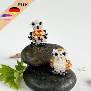 Owl beaded animals, Hedwig and barn owl, beaded figure instructions German, 3d beading pattern English, PLUS basics for beginners