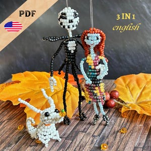 3-in-1 bead pattern, beaded figures Sally, Jack, ghost dog, instructions in German and English, pattern for Halloween, PLUS basic monsters
