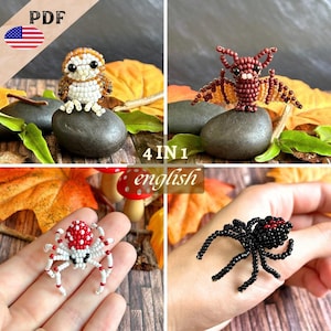 May include: A set of four beaded animal figures including a brown and white owl, a brown bat, a red and white spider, and a black spider with a red spot. These small, intricate creations are crafted from tiny beads and are shown in a 4-in-1 pattern.