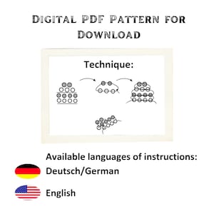 May include: Digital PDF pattern for download, featuring a diagram illustrating a technique. The image includes the text "Technique:" and lists instructions available in Deutsch/German and English. The American flag is also shown.