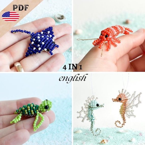 4 in 1 bundle, pdf Perlenmuster Shrimp, Perlentier Seepferdchen Anleitung englisch, Schildkröte Perlentier, Manta Rochen aus Saatperlen