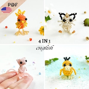 May include: Four beaded animal figures in orange, cream, pink, and yellow. The figures are made of small beads and have black eyes. The image includes the text "4 IN 1 english" and a PDF icon with the American flag.
