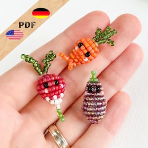 Patrón de verduras con cuentas 3 en 1: Zanahoria, berenjena, nabo - Instrucciones en alemán e inglés, verduras con cuentas, MÁS conceptos básicos para principiantes