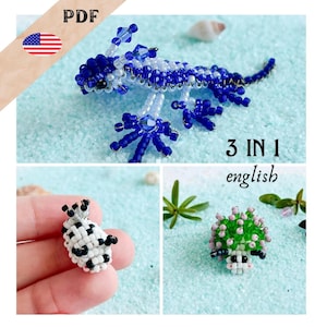 May include: Three beading patterns: a blue and white gecko, a black and white cow, and a green and white hedgehog. The patterns are labeled "3 IN 1 english".