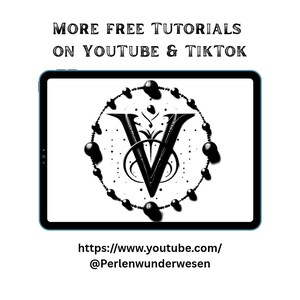 May include: A tablet screen shows a black and white graphic of a letter "V" encircled by beads. The text "MORE FREE TUTORIALS ON YOUTUBE & TIKTOK" is at the top. The URL and username are at the bottom.