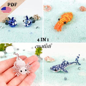 Puede incluir: Un patrón PDF con cuatro criaturas marinas hechas de cuentas: dos peces rape azules, un calamar naranja, un ajolote blanco y un tiburón ballena azul y blanco. El texto "PDF", "4 IN 1" y "english" aparece junto a un icono de bandera de EE. UU.