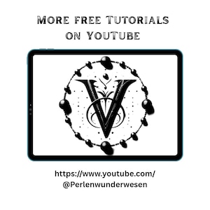 May include: A tablet displays a black and white design featuring a stylized letter "V" surrounded by a beaded circle. The text "MORE FREE TUTORIALS ON YOUTUBE" is above the tablet. Below is a URL and username for YouTube tutorials.
