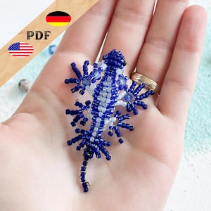 Dragon bleu à faire soi-même : modèle d’animal en perles, coquillage perlé (PDF), instructions en allemand et en anglais, et notions de base pour débutants.