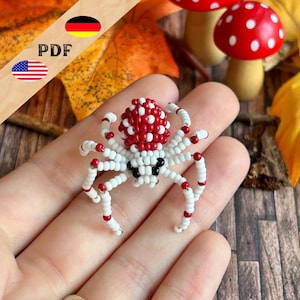 Patrón de cuentas de araña de hongo, instrucciones de araña animal con cuentas en alemán e inglés, figura de cuentas de Halloween, MÁS monstruo básico