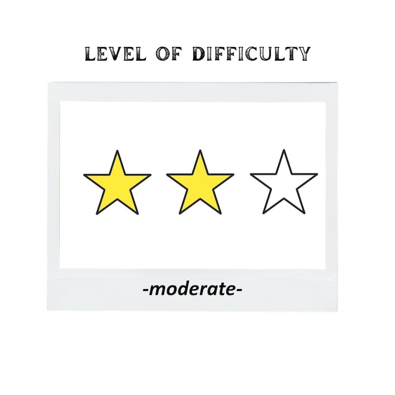 May include: A white polaroid-style image with the text "LEVEL OF DIFFICULTY" at the top. The image features three yellow stars, with one outlined star. The text "-moderate-" is at the bottom.