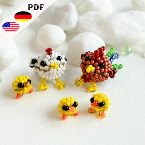 Chicken, rooster and chick bead pattern, beaded animal instructions German, 3D bead animal pattern English, PLUS basics for beginners