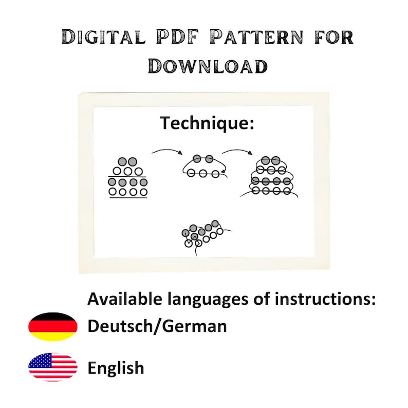 K&ouml;nnte beinhalten: Ein digitales PDF-Muster zum Perlen, das ein Diagramm der Technik zeigt. Das Muster ist in Englisch und Deutsch verf&uuml;gbar.