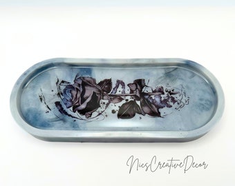 Marbled Ring Tray, Floral Trinket Dish, Cute Jewelry Tray, Blue, White & Black Rose Decorative Tray, Rolling Tray for Women, Gift for Her