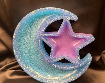 Moon and Star Trinket Tray, Crystal Tray Cute Jewelry Dish, Ring Tray, Blue & Purple, Glows in the Dark, Glows in Blacklight, Gifts for Her