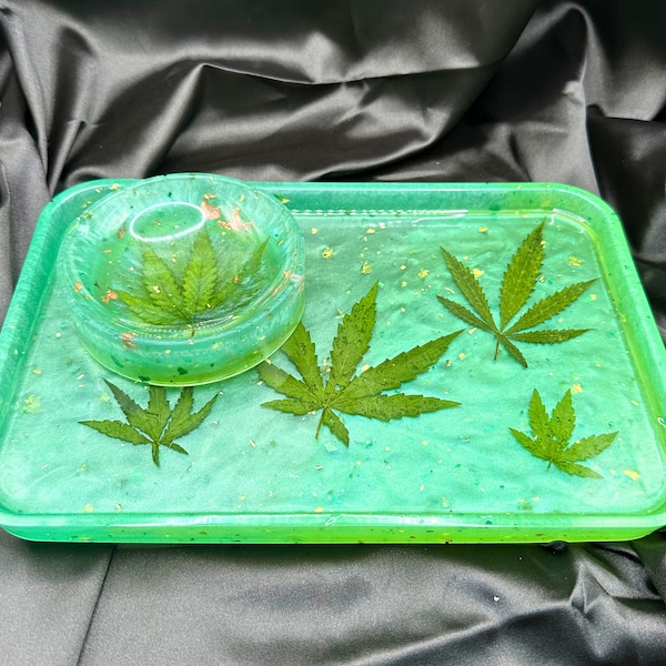 Cannabis Pot Leaf Ashtray & Rolling Tray Set, Green with Gold Flakes and Weed Leaves in Epoxy Resin, Hemp Leaf Tray Bundle, Stoner Gift Set