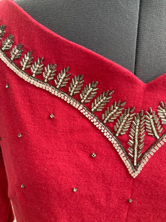 Gorgeous sweetheart 1950s red wool beaded rhinesto