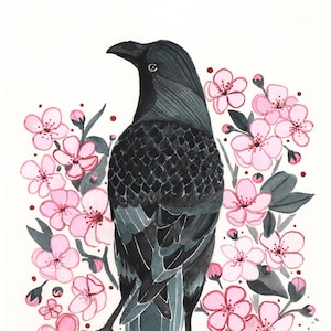 Crow Art Print - Crow with Blossoms